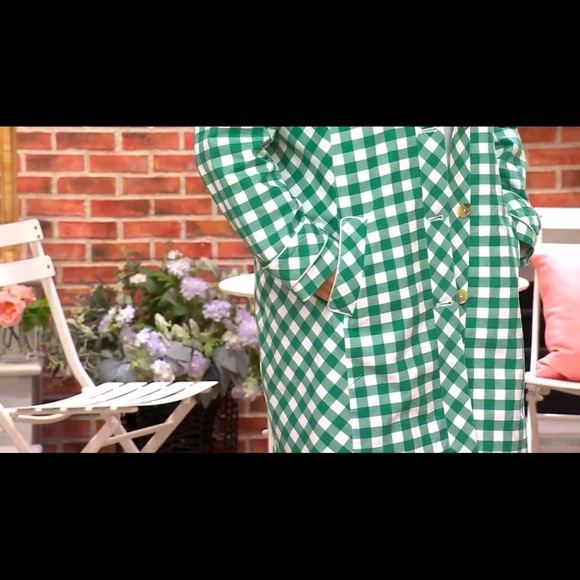 Isaac Mizrahi Green and White Gingham Twill Car Coat Trench - Picture 13 of 13